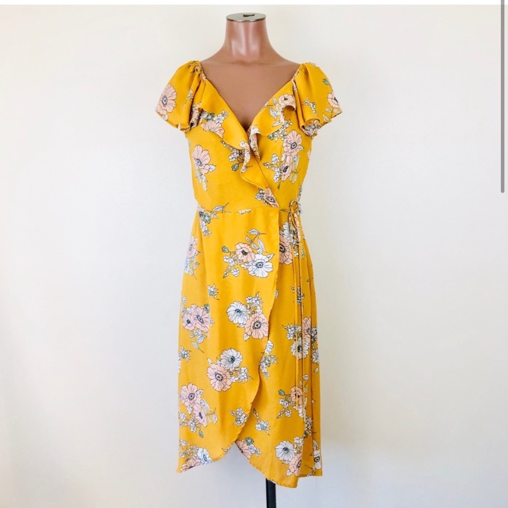 Monteau Mustard Yellow Floral Wrap Midi Dress